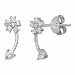 PRIMROSE Sterling Silver Cubic Zirconia Flower Curved Stick Stud Earrings