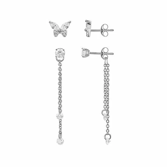 PRIMROSE Sterling Silver Cubic Zirconia Dangle & Butterfly Stud Earring Duo Set