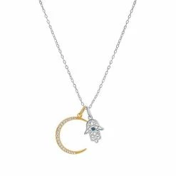 PRIMROSE Two Tone Sterling Silver Cubic Zirconia Hamsa & Crescent Moon Charm Necklace
