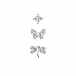 PRIMROSE Sterling Silver Cubic Zirconia Flower, Butterfly, & Dragonfly Stud Assorted 3-Pack Single Earrings Set