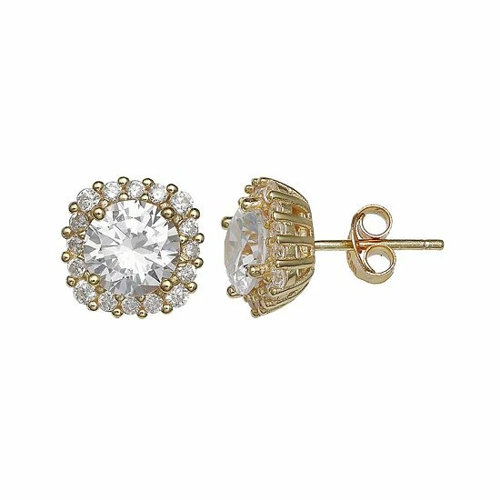 PRIMROSE Sterling Silver Cubic Zirconia Halo Stud Earrings Gold Tone - Image 3