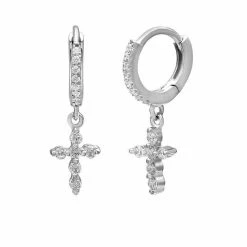 PRIMROSE Sterling Silver Cross Huggie Hoop Drop Earrings