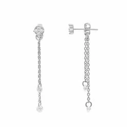 PRIMROSE Sterling Silver Cubic Zirconia Flower Stud & Double Chain Drop Earrings