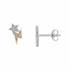 PRIMROSE Two Tone Sterling Silver Cubic Zirconia Star & Lightning Bolt Stud Earrings