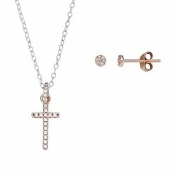 PRIMROSE Sterling Silver Cubic Zirconia Disc Stud Earrings & Cross Pendant Necklace Set Two Tone Rose Clear