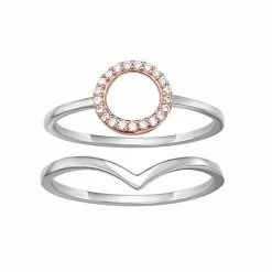 PRIMROSE Two Tone Sterling Silver Cubic Zirconia Circle Band & V-Shaped Stackable Ring Duo Set