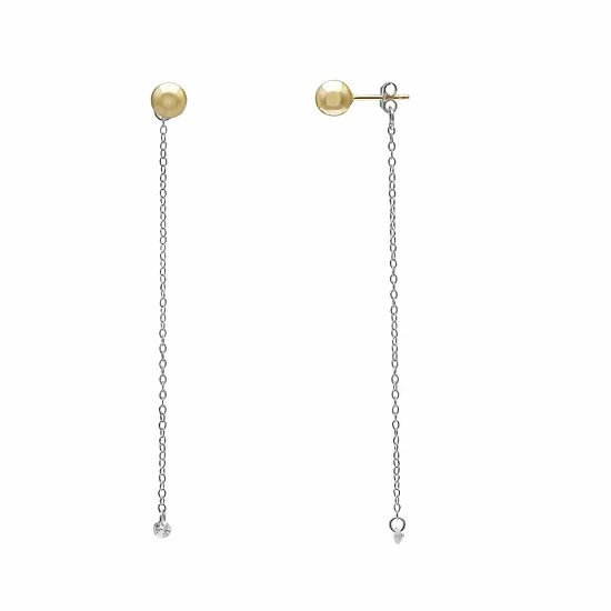 PRIMROSE Polished Ball Stud Floating Cubic Zirconia & Chain Drop Earrings Two Tone Yellow Gold - Image 2