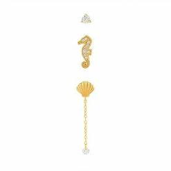 PRIMROSE 18K Gold Over Silver Cubic Zirconia Stud, Seahorse Stud & Shell Stud Chain Drop 3-Pack Single Earrings Set