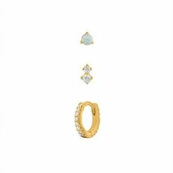 PRIMROSE 18k Gold Over Silver Opal & Cubic Zirconia Stud, Double Stud & Pave Hoop 3-Pack Single Earrings Set