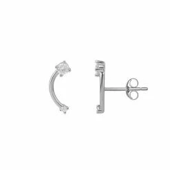 PRIMROSE Sterling Silver Curve Stick Double Cubic Zirconia Crawler Stud Earrings