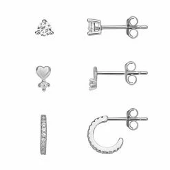 PRIMROSE Sterling Silver Cubic Zirconia Stud, Heart & Hoop Earring Set