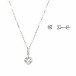 PRIMROSE Round Cubic Zirconia Stud Earrings & Pendant Necklace Sterling And Clear