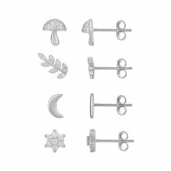 PRIMROSE Sterling Silver Cubic Zirconia Mushroom, Leaf, Crescent Moon & Flower Stud Earring Set
