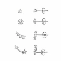 PRIMROSE Sterling Silver Cubic Zirconia, Round Crawler, Star & Flower Stud Earring Set