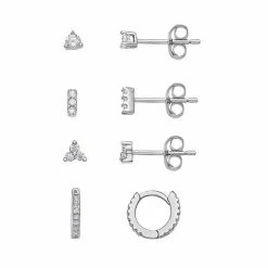 PRIMROSE Sterling Silver Cubic Zirconia Stud & Hoop Earring Set Of 4