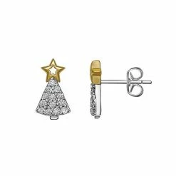PRIMROSE Two Tone Sterling Silver Cubic Zirconia Christmas Tree Stud Earrings