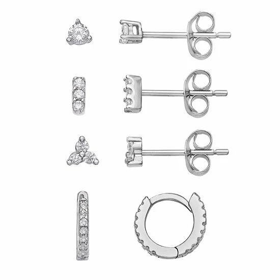 PRIMROSE Sterling Silver Cubic Zirconia Stud & Huggie Hoop Earring Set