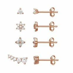 PRIMROSE 18k Rose Gold Cubic Zirconia 4-Pair Flower Stud Earring Set