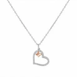 PRIMROSE Two Tone Sterling Silver Cubic Zirconia Open Heart & Butterfly Pendant Necklace