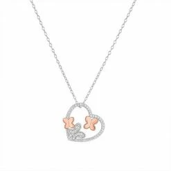 PRIMROSE Sterling Silver Cubic Zirconia Butterfly & Heart Pendant Necklace Two Tone Rose Clear