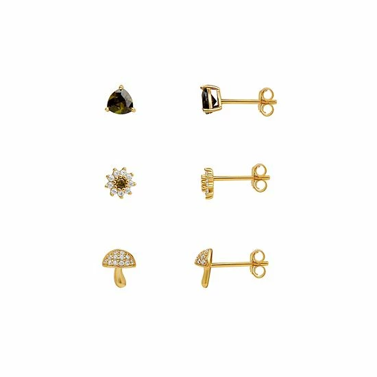 PRIMROSE Cubic Zirconia Triangle, Flower & Mushroom Stud Earring Trio Set