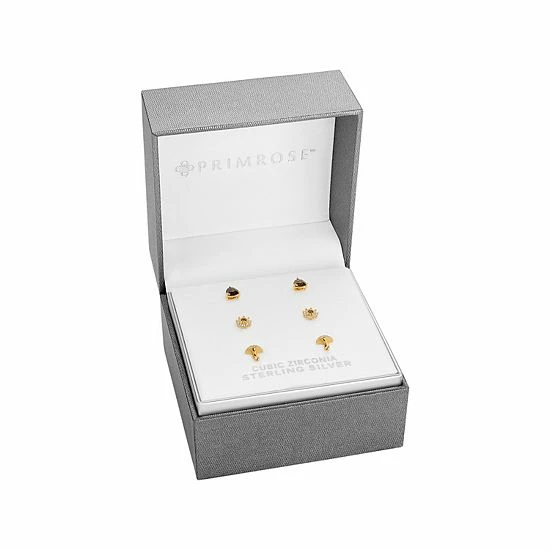 PRIMROSE Cubic Zirconia Triangle, Flower & Mushroom Stud Earring Trio Set - Image 2