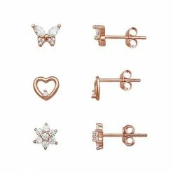 PRIMROSE 18k Rose Gold Cubic Zirconia Butterfly Open Heart & Flower Stud Earring Set