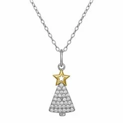 PRIMROSE Two Tone Sterling Silver Cubic Zirconia Christmas Tree Pendant Necklace
