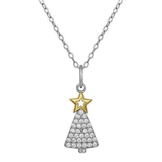 PRIMROSE Two Tone Sterling Silver Cubic Zirconia Christmas Tree Pendant Necklace