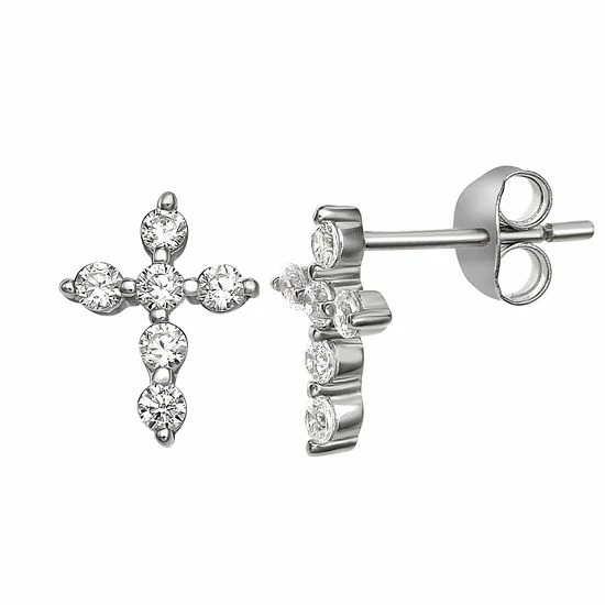 PRIMROSE Sterling Silver Cubic Zirconia Cross Stud Earrings Silvertone - Image 2